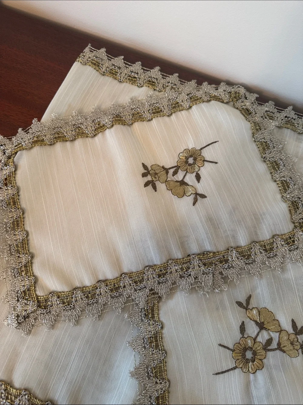 Vintage Embroidered Cream Table Runner with Gold Floral Trim and 2 Table Topper